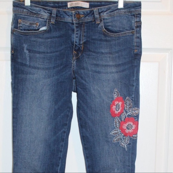 ✨🌺👖 Zara basic Z1975 Poppy Bling embroidered Raw Hem Skinny Distress Jeans EUC - Picture 7 of 11